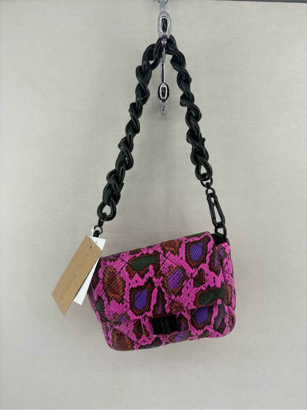 Steve Madden Pink Snake-Print Shoulder Bag with Black Chain Strap